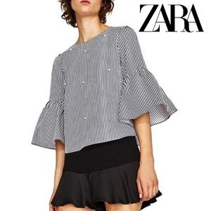 Zara | Poplin Stripe Bell Sleeve Top with Faux Pearls | Women's Small